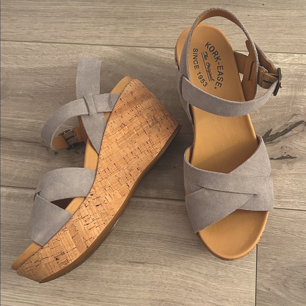 Kork-Ease Gray Suede Leather + Tan Crisscross Ankle Strap Cork Wedge Sandals